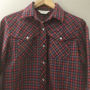 VTG 80s Plaid Pearl Snap Button Shirt Vintage 1980s